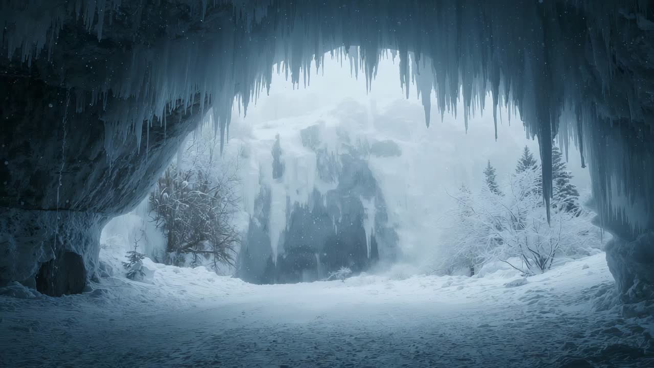Shifting light showing ice cave framing frozen cliff with icicle curtain and packed snow drifting