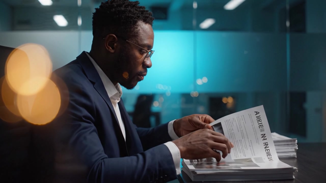 Focused Professional Man Analyzing Documents in an Office Environment with Soft Lighting and a Calm Ambiance During Evening Hours