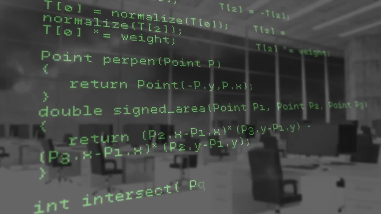 Animation of data processing in green on modern office in the background