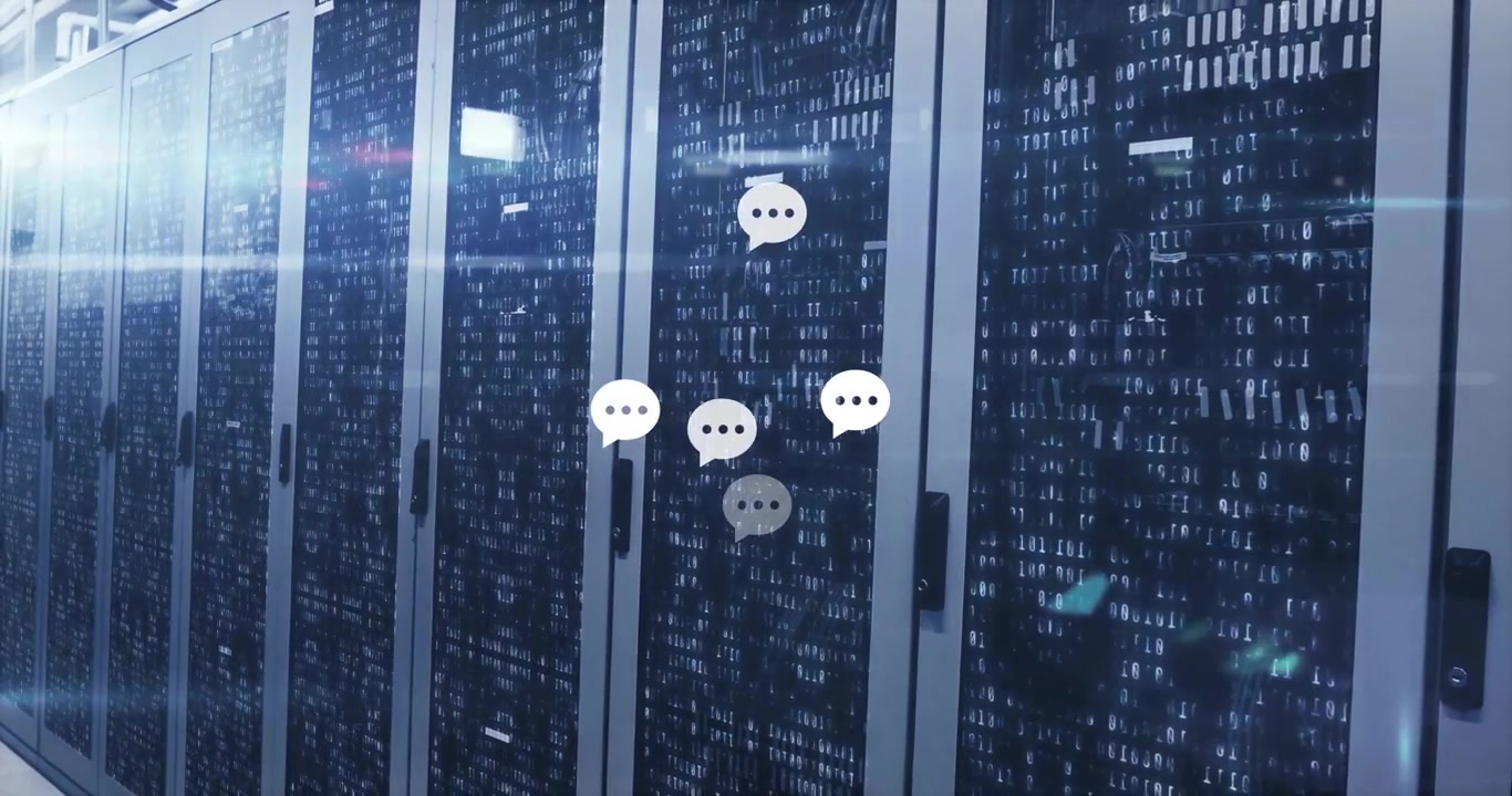 Opening binary-etched server racks, chat bubbles emerging clustering fading visualizing data flow
