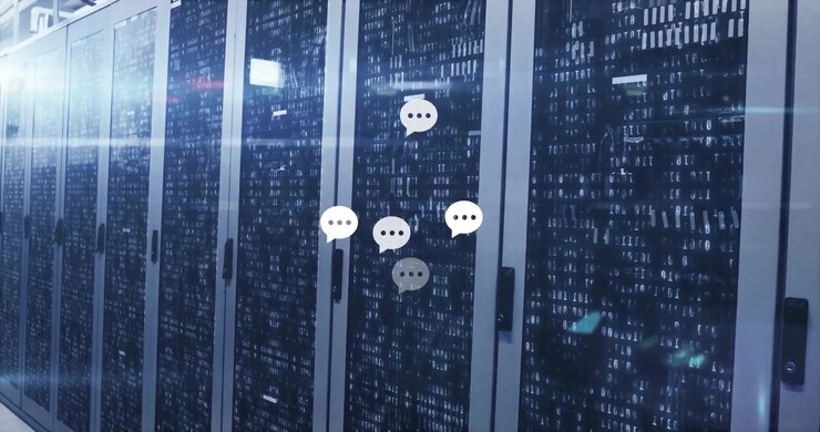 Opening binary-etched server racks, chat bubbles emerging clustering fading visualizing data flow