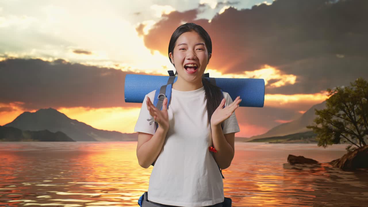 Excited Traveler at Sunset