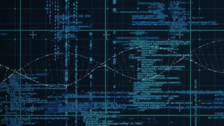 Digital animation of dna structure spinning over data processing against blue background