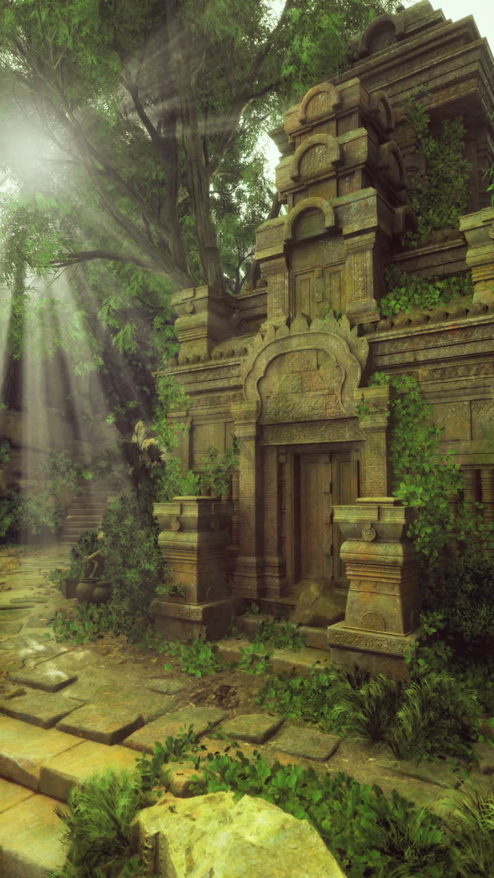 Ancient temple covered in lush greenery and illuminated by sunlight