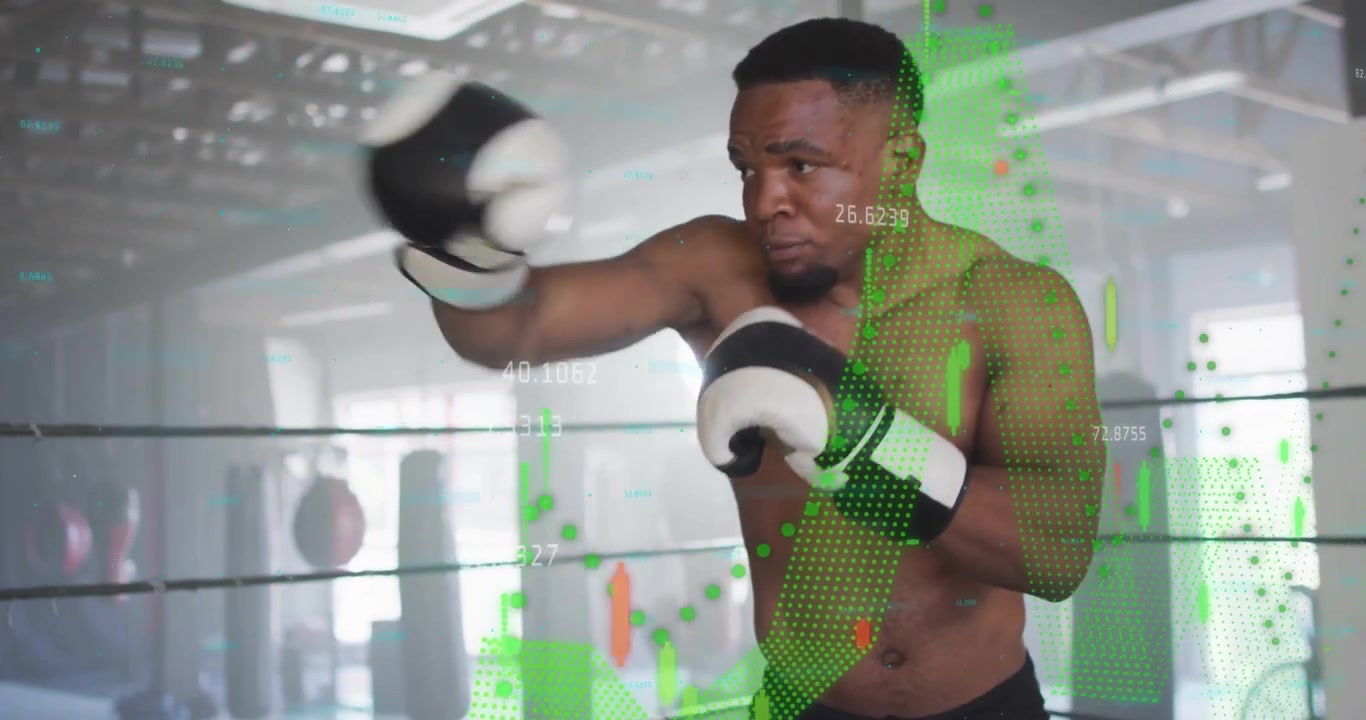 Boxer stepping into ring and throwing jabs while fading fitness performance charts tracking power