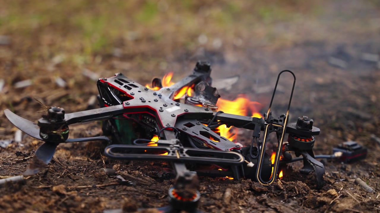 Drone FPV in fiamme su terreno sterrato con fiamme e fumo visibili in campo aperto