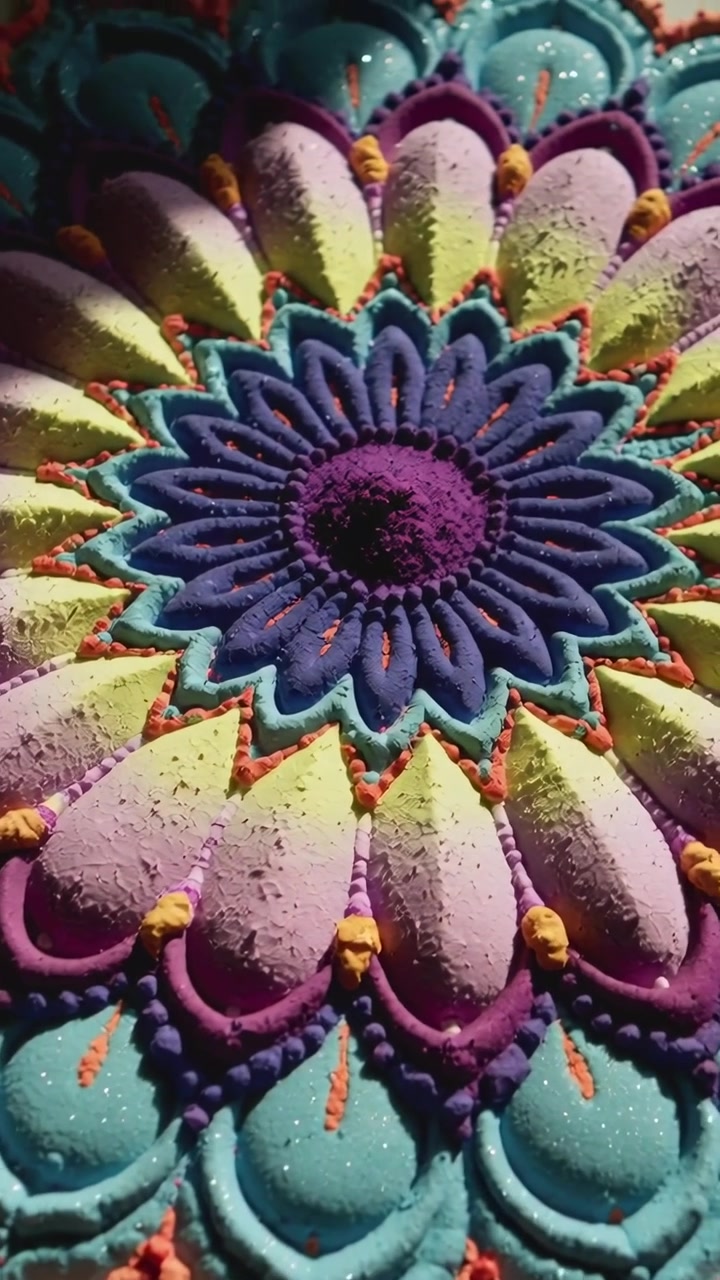 Video verticale: Inquadratura con telecamera che si inclina avvicinandosi a un mandala da tavolo, rivelando un disco viola e macchioline