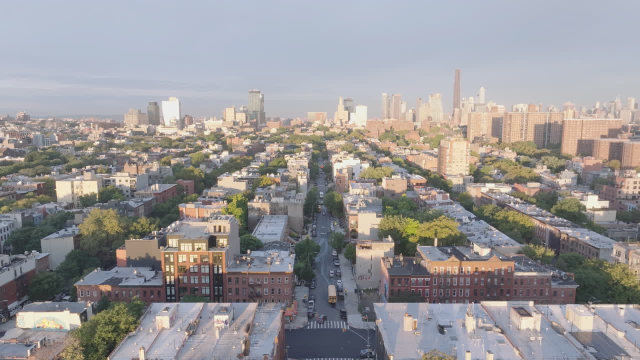 Aerial View of a New York City Neighborhood at Sunset