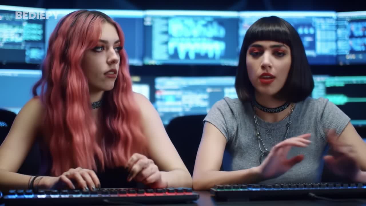 Two Young Women Engaged in Cyber Activism, Skillfully Typing on Keyboards in a Dark Room Surrounded by Multiple Screens Displaying Data and Graphics