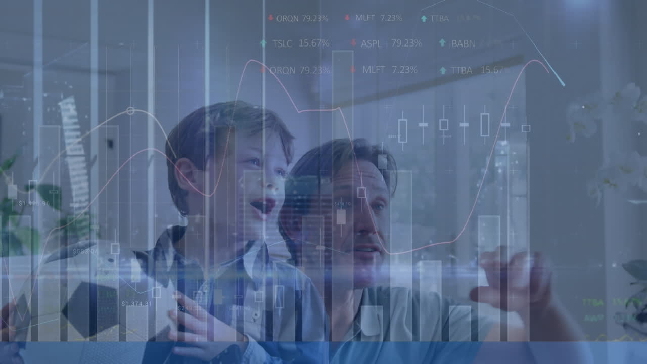 Animation of data processing over caucasian father and son watching tv