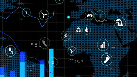 Animation-of-ecology-icons-over-data-processing-and-circles