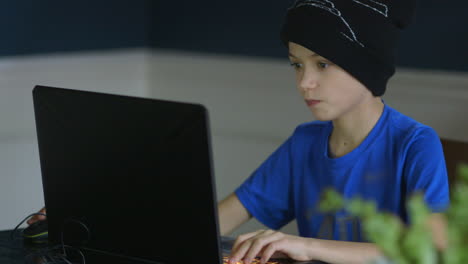 Young boy playing games on a laptop computer in the dining room medium shot