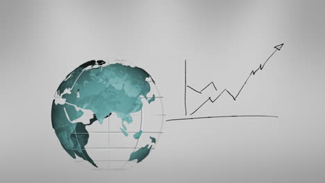 animation of globe spinning and hand drawn statistics on grey background