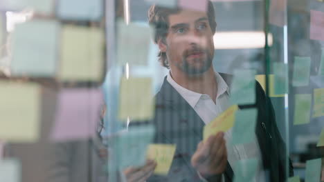 Geschäftsleute,-Die-Haftnotizen-Auf-Glas-Whiteboard-Verwenden,-Brainstorming,-Teamleiterin,-Frau,-Die-Mit-Kollegen-Arbeitet-Und-Problemlösungsstrategie-In-Bürobesprechung-4k-Zeigt