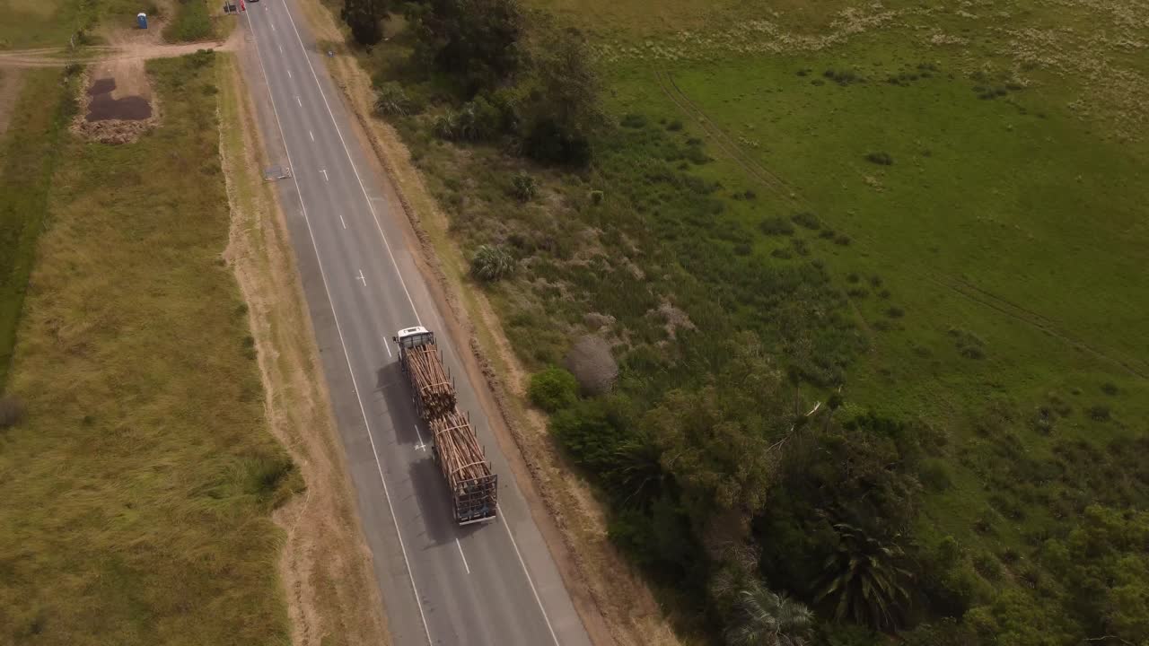 Un dron sobre un camión que transporta troncos por la carretera en Uruguay