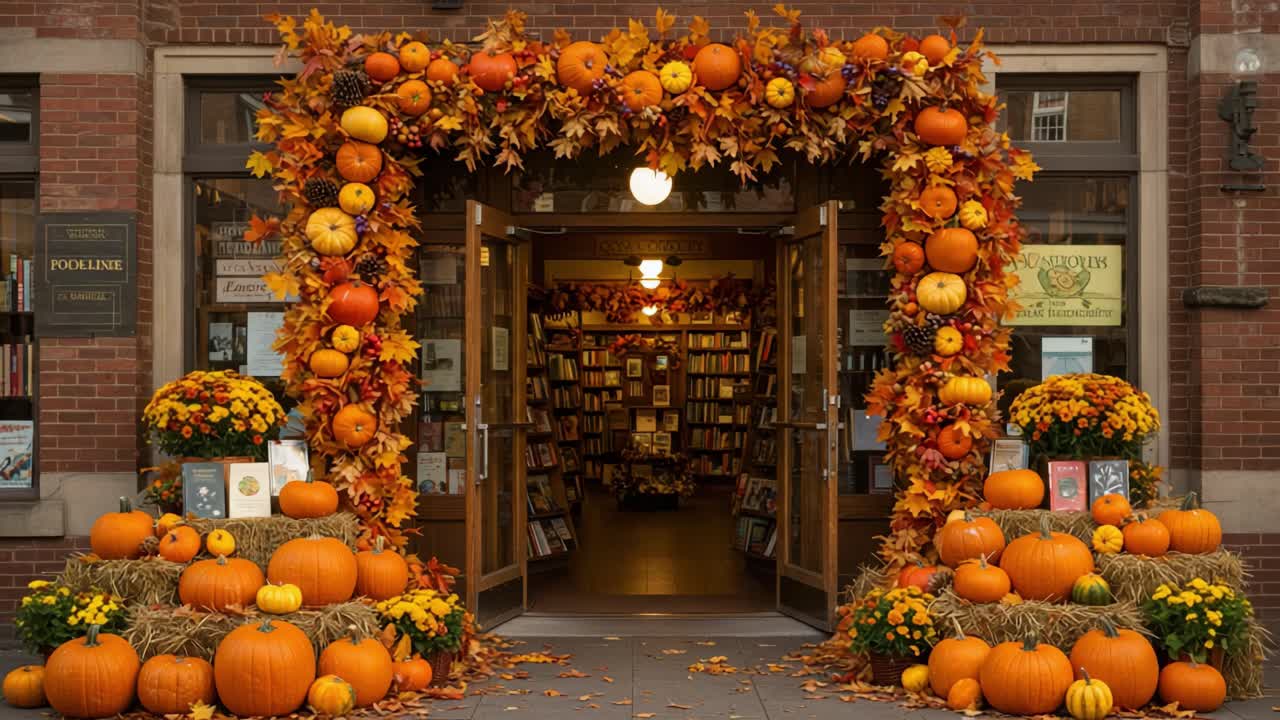 An Enchanting Autumn Display Outside a Cozy Bookstore: Vibrant Pumpkins, Golden Leaves, and Festive Floral Arrangements Create a Warm Seasonal Welcome