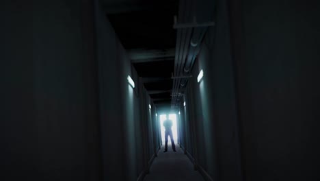 animation of man silhouette standing in dark corridor