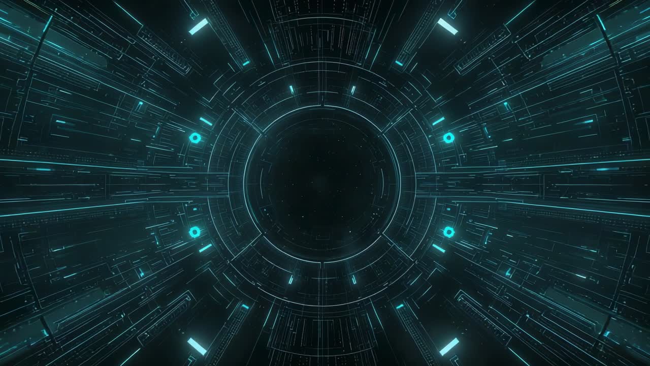 Powering circular core lighting ringed seams and glowing cyan nodes in data core, specks orbiting