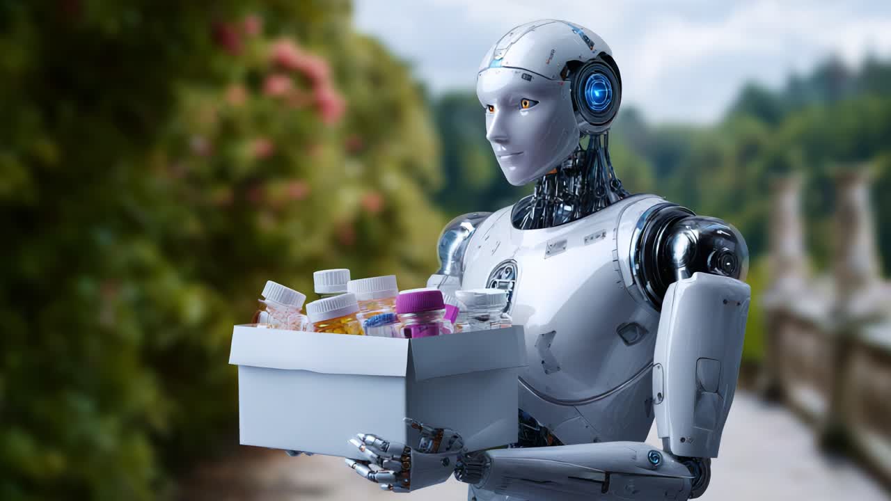Un robot futuristico consegna una scatola piena di vari contenitori, mettendo in mostra una tecnologia avanzata sullo sfondo di un ambiente naturale sereno