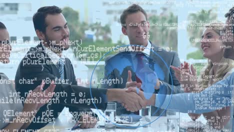 business group shaking hands and digital data