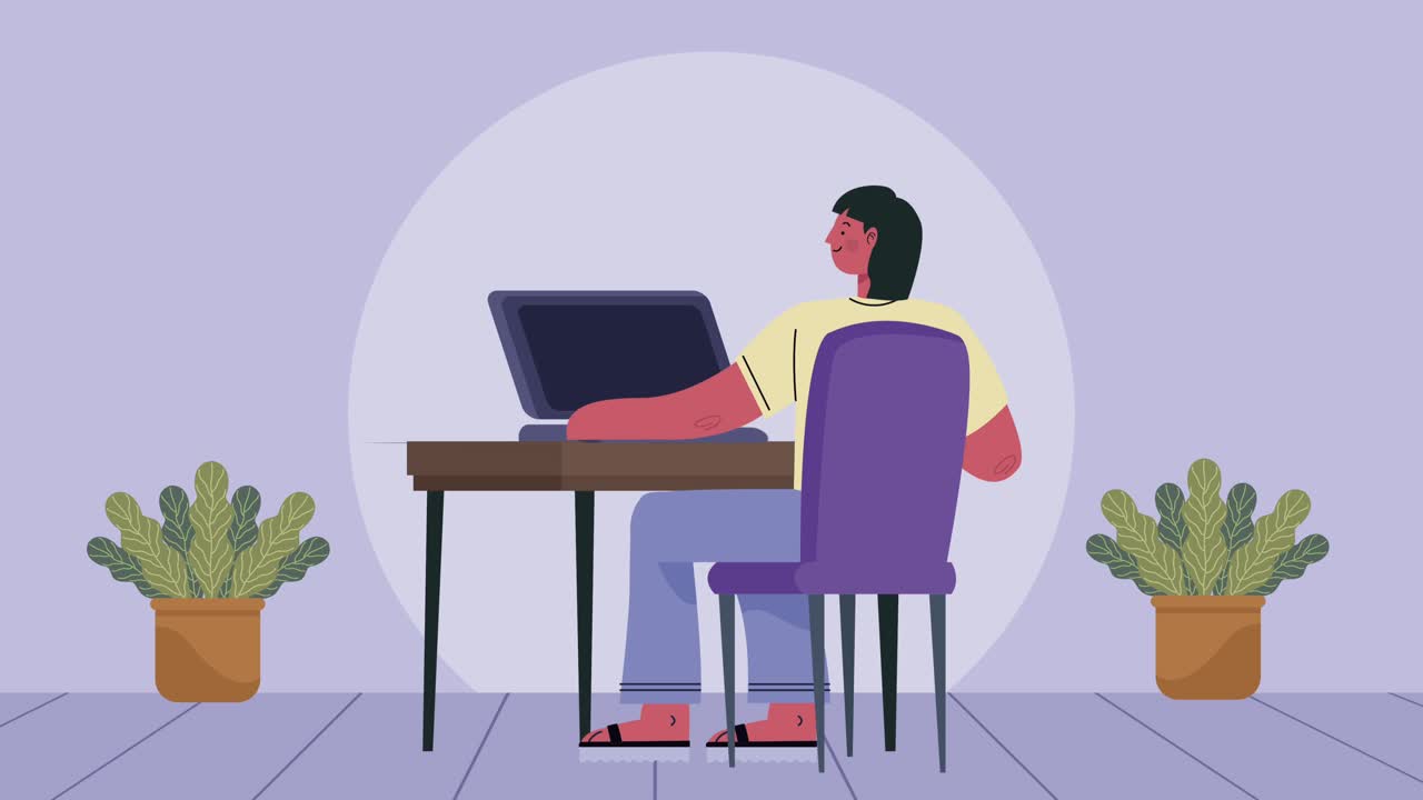 young man working in desktop scene animation