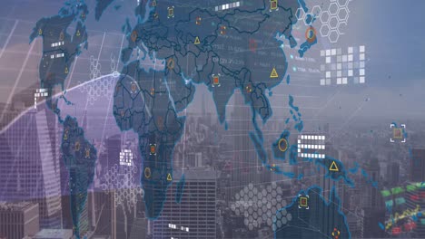 Animación-Del-Procesamiento-De-Datos-Sobre-El-Mapa-Mundial-Contra-La-Vista-Aérea-Del-Paisaje-Urbano