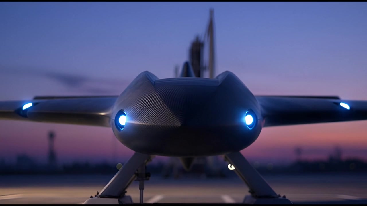 Drone militare moderno con luci blu sulla pista al tramonto
