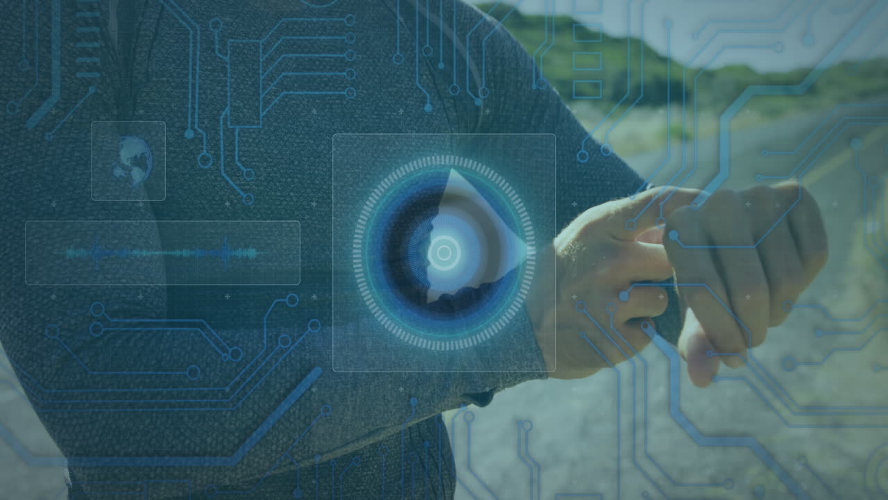 Animation of scope scanning and data processing over man checking smartwatch