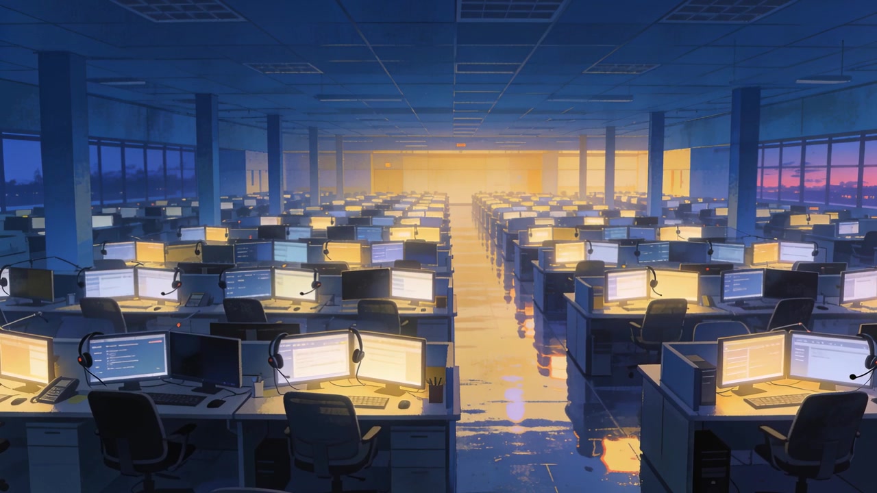 Panning camera moving forward through office highlighting empty workstations and lit monitors