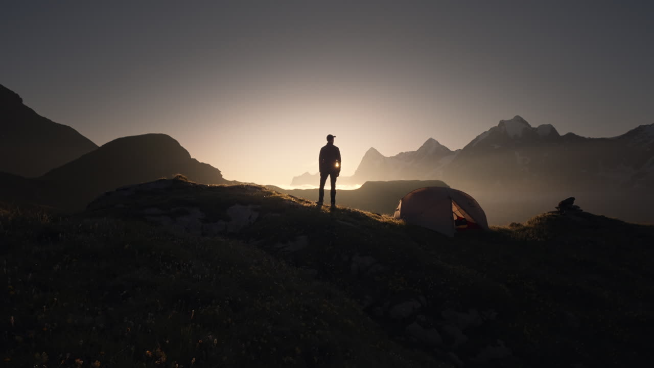 Sunrise Hike in the Mountains with Tent