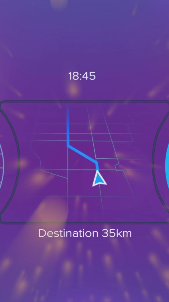 Animazione di numeri in un tachimetro, texture di mappa, freccia e cerchi di caricamento su sfondo astratto.