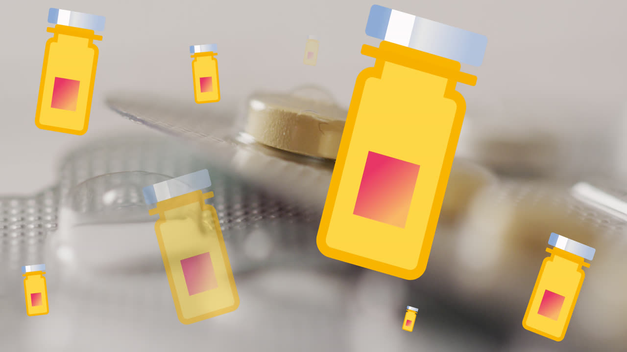 테이블 위에 포장 된 태블릿 위에 떨어지는 병의 애니메이션