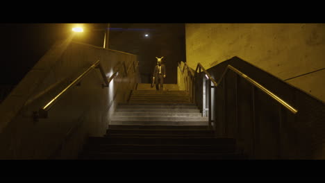 man walking down the stairs with a rabbit head carries a briefcase