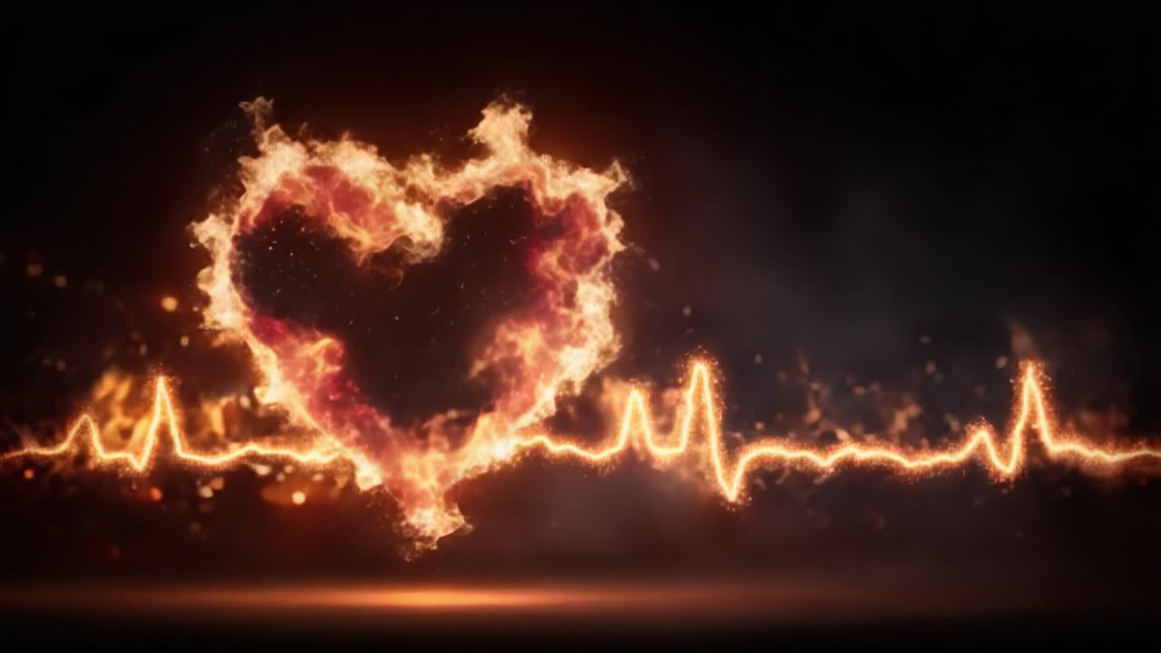 Una rappresentazione visiva della passione: un cuore fatto di fiamme intrecciato con un affascinante pulsare di vita, che simboleggia emozione e vitalità in ogni battito.