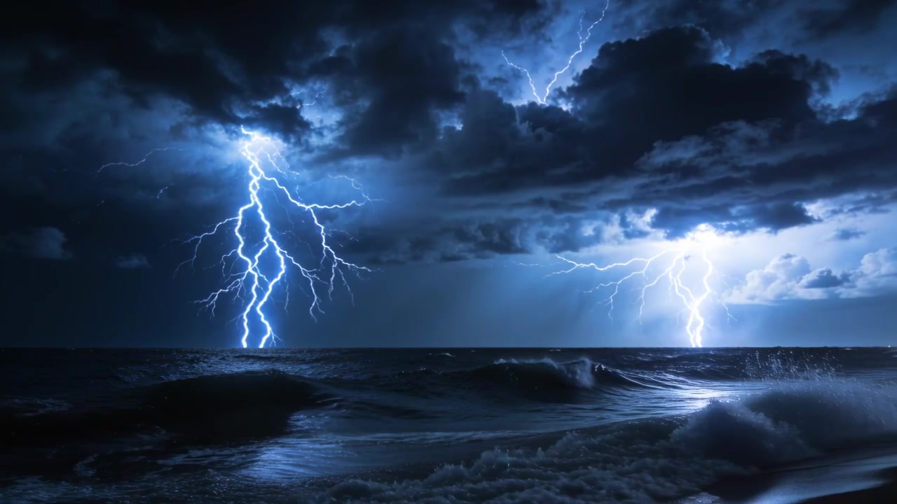 Celle temporalesche che scaricano emettendo fulmini su una spiaggia costiera, illuminando la risacca e la sabbia bagnata.