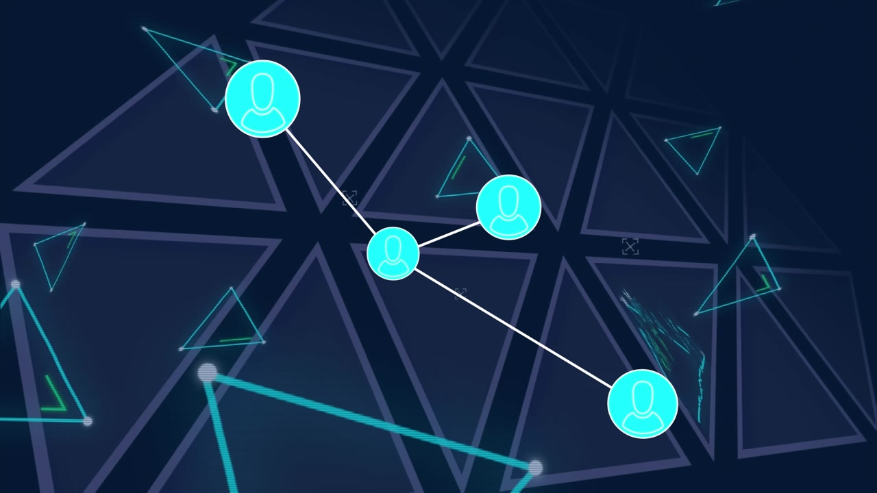 Animation of profile icons connected with lines over triangular shapes in background