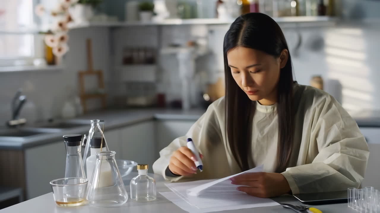 Giovane donna che studia documenti in un ambiente di laboratorio