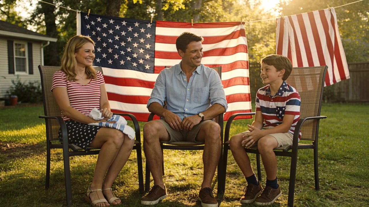 Unfolding towel, mother in red top smoothing lap during friendly chat on backyard chairs with flags
