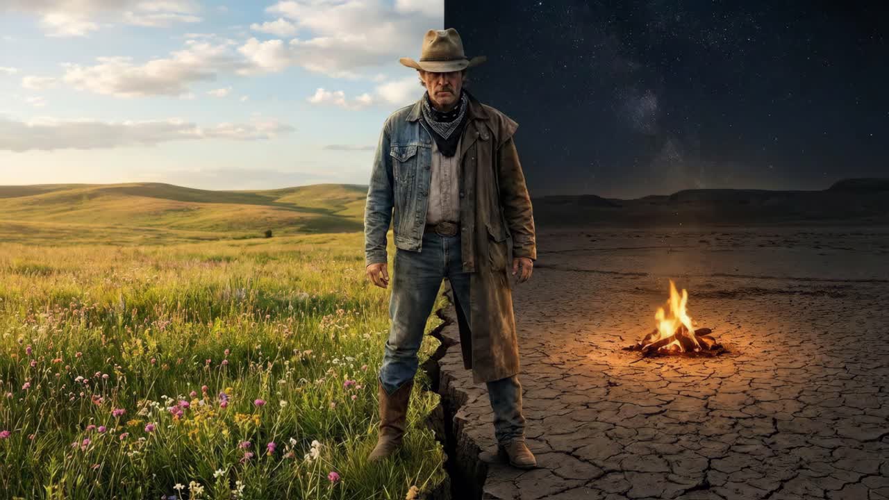 Cowboy Between a Blooming Field and a Drought-Stricken Desert