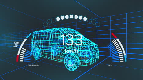 animación del velocímetro sobre el proyecto de camioneta eléctrica en el fondo de la marina