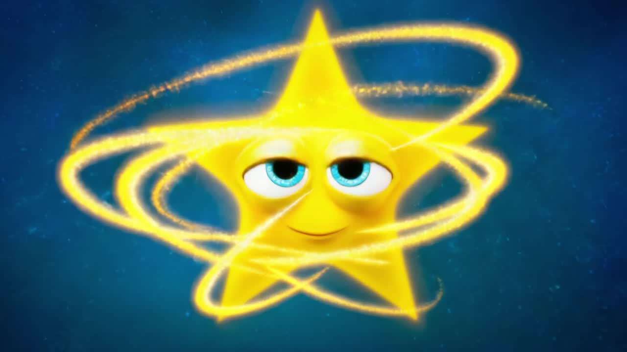 A cheerful and animated star character, surrounded by a swirling golden trail of sparkles, radiates joy and positivity against a deep blue cosmic background