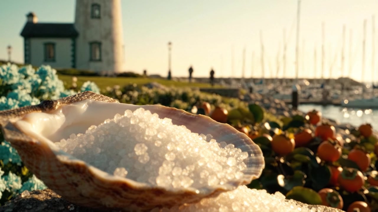 Ein ruhiger Moment am Meer, der eine Muschel voller funkelnder Edelsteine zeigt, vor der Kulisse eines malerischen Leuchtturms und eines ruhigen Hafens in der goldenen Stunde der Dämmerung.