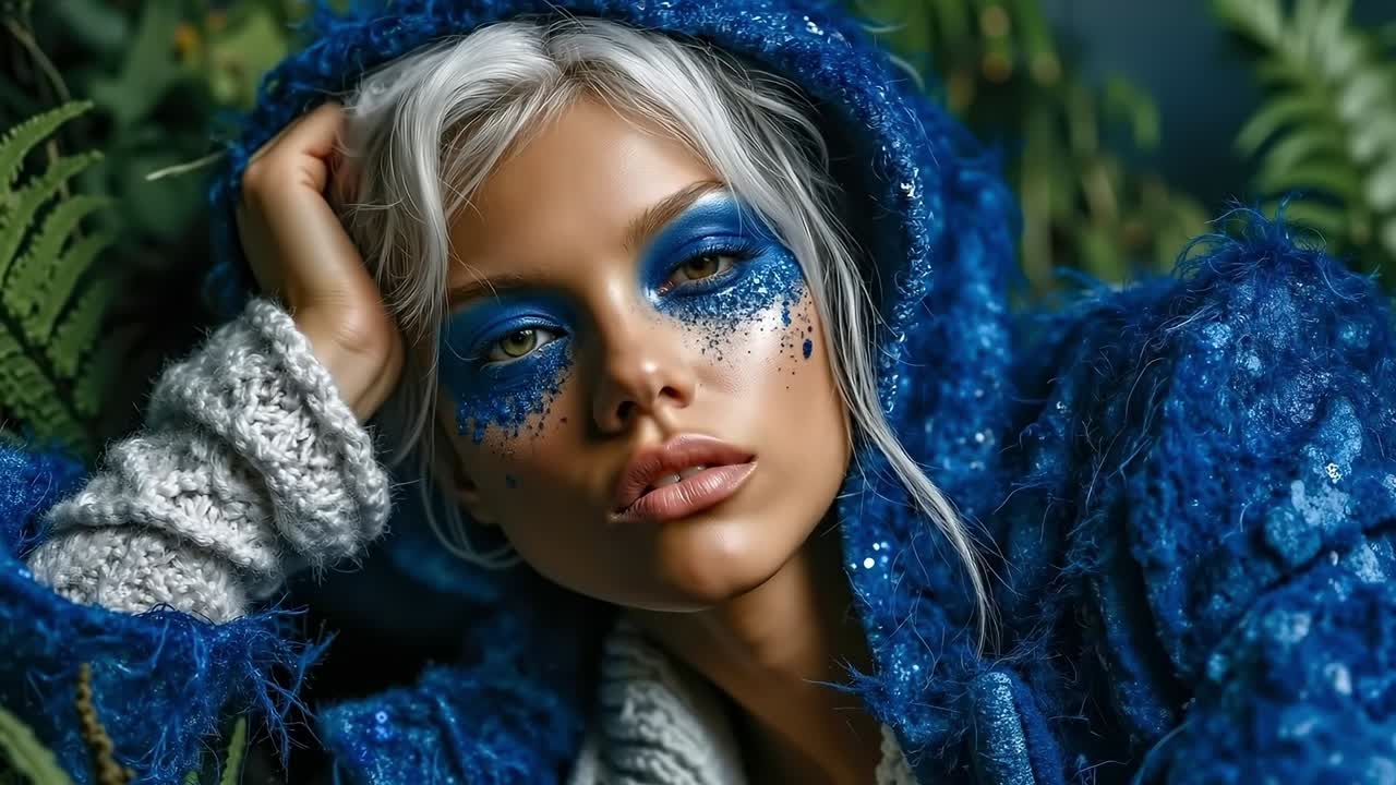 A woman with blue makeup and a hooded jacket