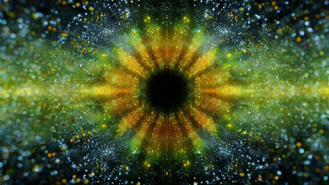 A Cosmic Journey Through an Abstract Portal of Light and Energy, Featuring Vibrant Patterns and a Central Dark Core Surrounded by a Dazzling Display of Colors and Particles