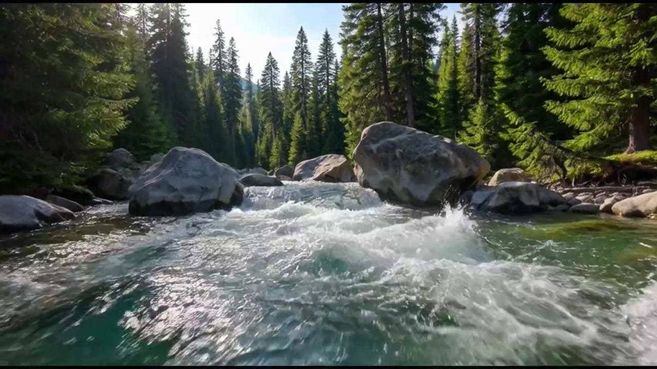 Río de montaña caudaloso a través de un bosque de pinos
