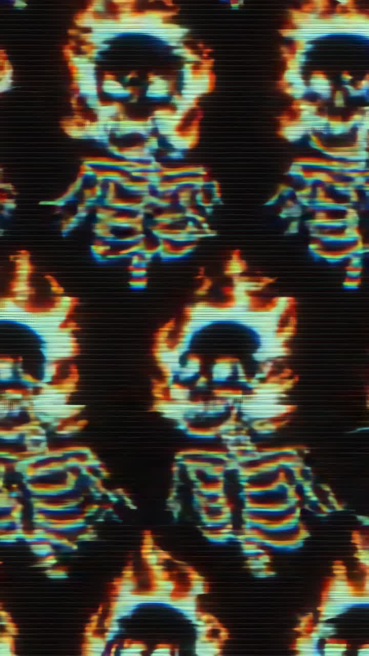 Motivo in stile video retrò di scheletri fiammeggianti con effetto glitch.