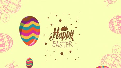 Animation-of-happy-easter-text-with-decorated-easter-eggs-on-yellow-background