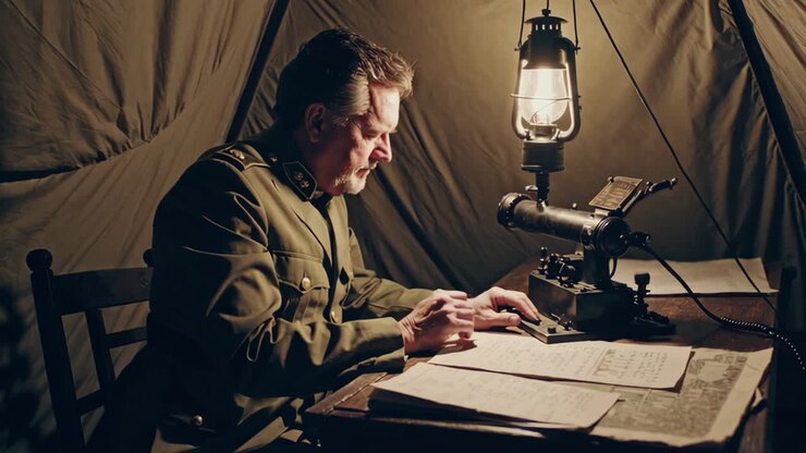 Ufficiale della Prima Guerra Mondiale che comunica in una tenda