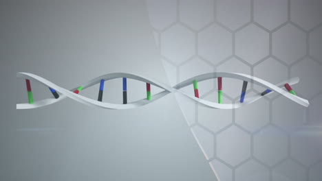 dna strand animation over hexagonal pattern background