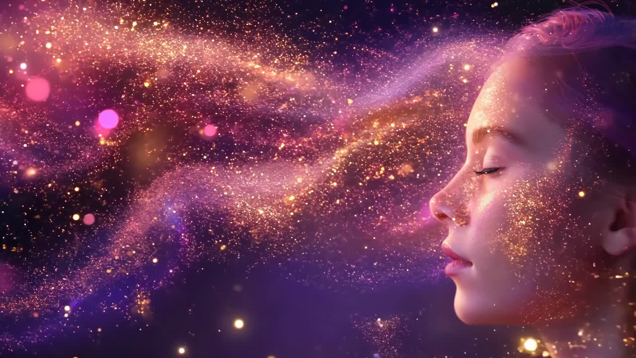 A girl with purple hair is surrounded by a purple and orange cloud of glitter. The glitter is falling on her face and neck, creating a dreamy and ethereal atmosphere